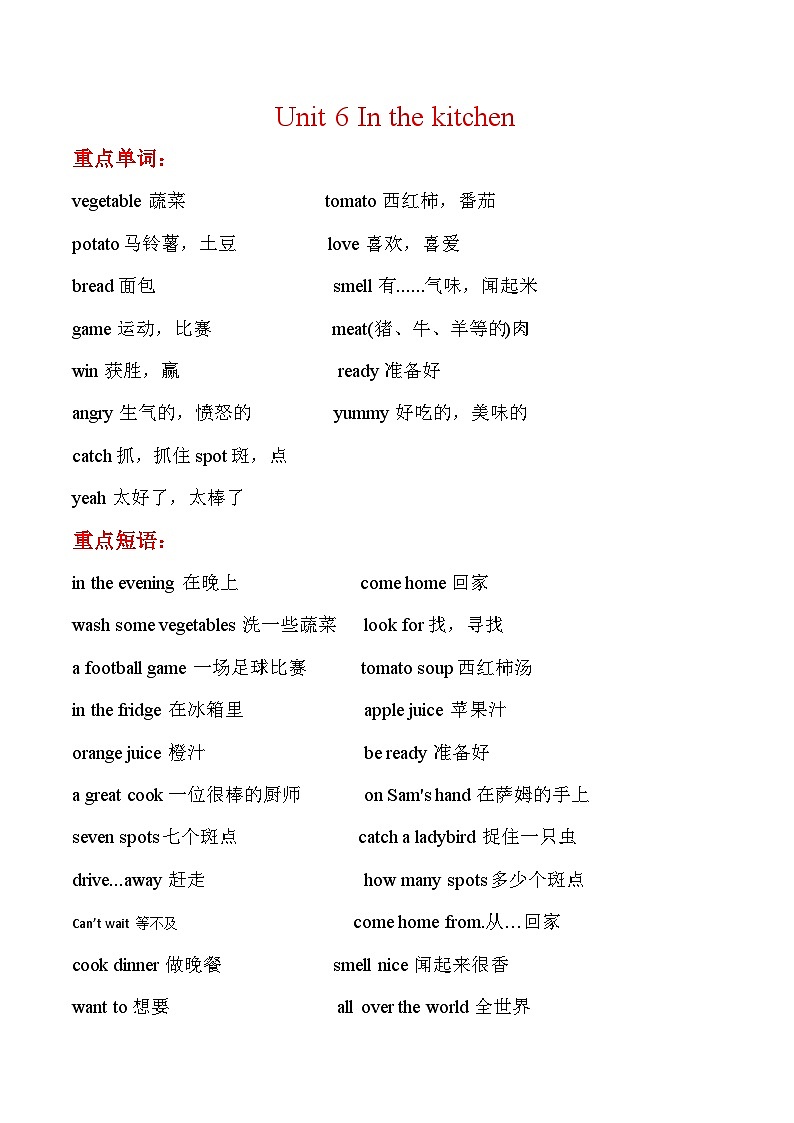 寒假预习：单元知识梳理+巩固练习+Unit+6+五年级英语下册+译林版（三起）含答案01