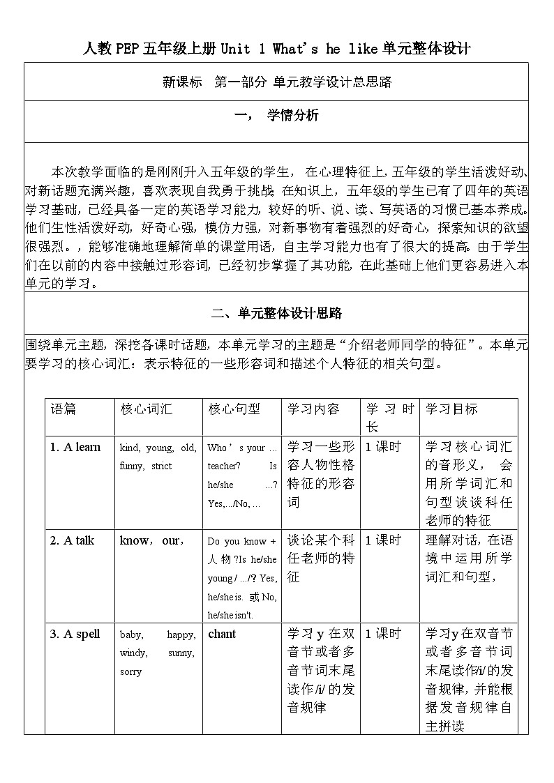 Unit 1 What's he like？ PB Read and write （教学设计）人教PEP版英语五年级上册01