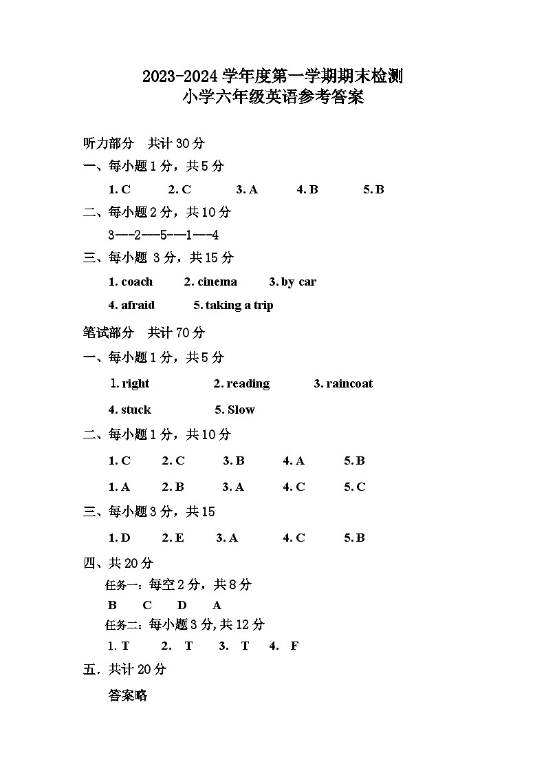 山东省济宁市兖州区2023-2024学年六年级上学期期末考试英语试题第1页