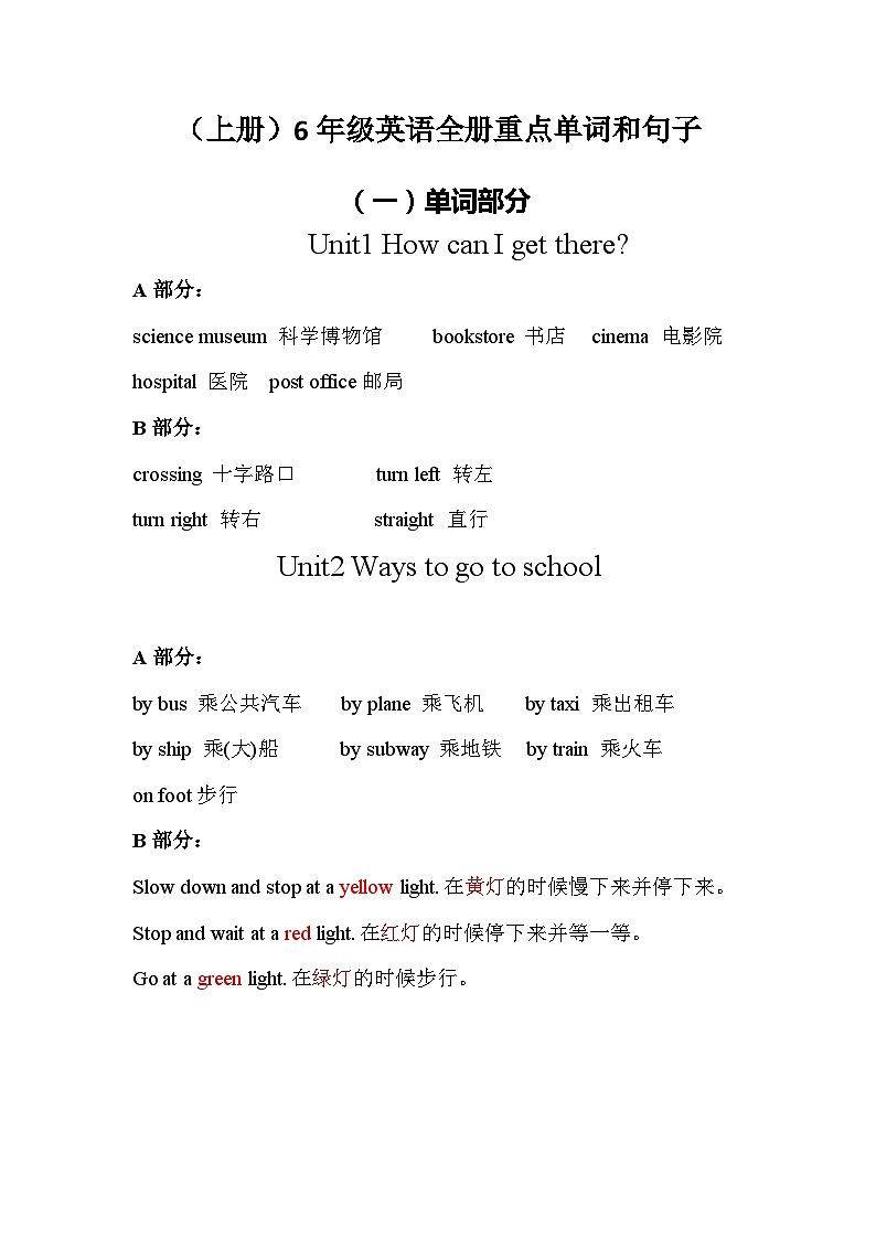 重点单词和句子总结 （讲义）人教PEP版英语六年级上册01