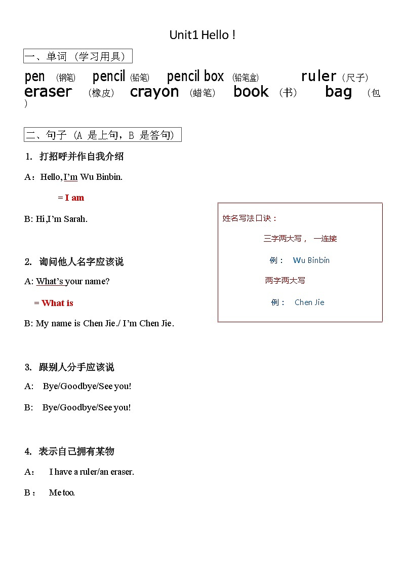 Unit1 hello知识清单（素材）人教PEP版英语三年级上册第1页