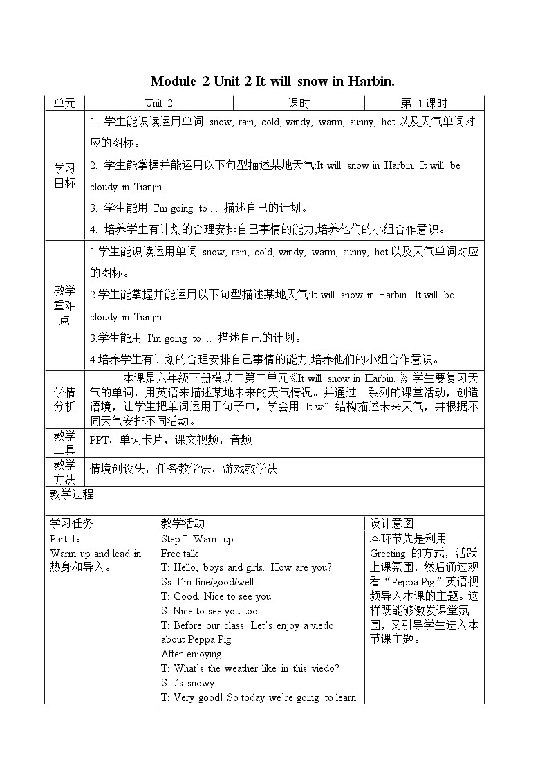 外研版英语六年级下册 Module 2 Unit 2 It will snow in Harbin 教学课件+同步教案01