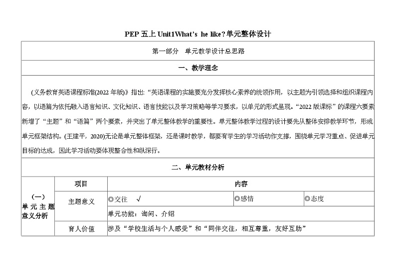 Unit1 What's he like？（教学设计）人教PEP版英语 五年级上册第1页