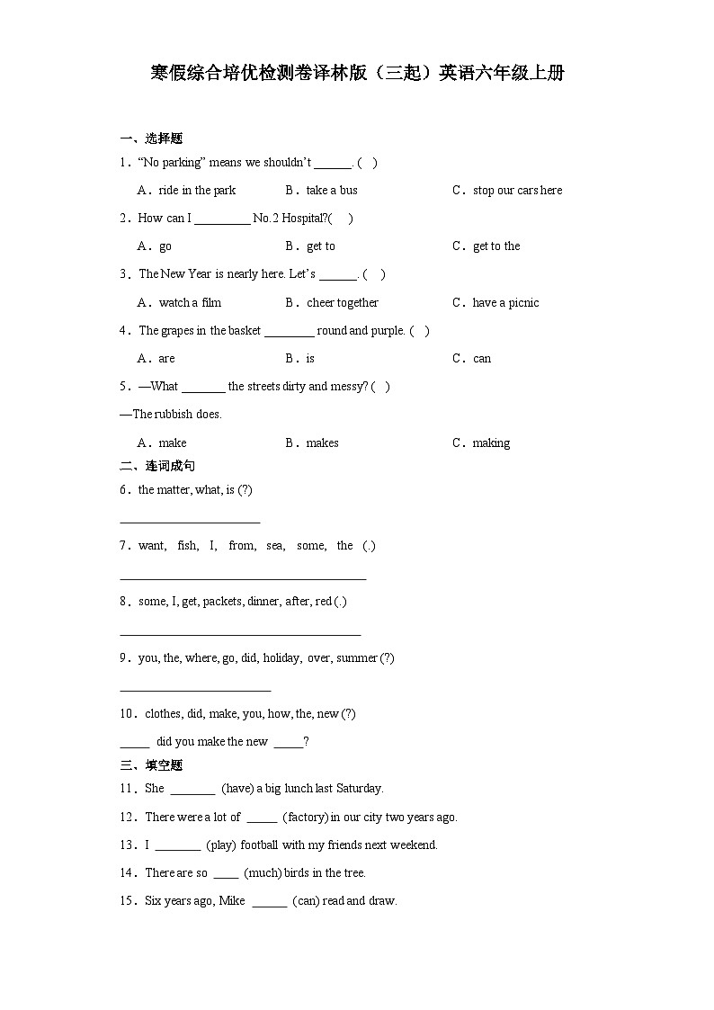 寒假综合培优检测卷（试题）-2023-2024学年译林版（三起）英语六年级上册01