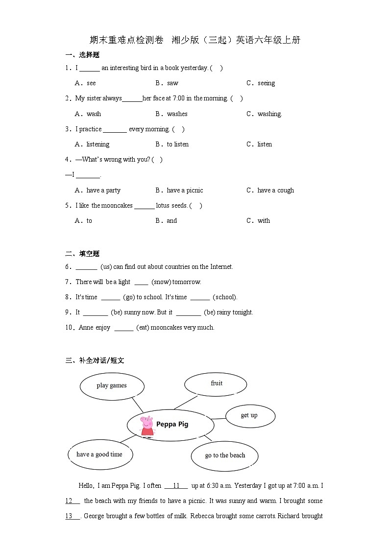 期末重难点检测卷（试题）-2023-2024学年湘少版（三起）英语六年级上册01