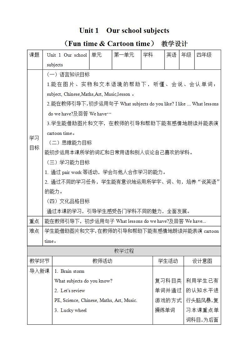 【趣味课堂】牛津译林版英语四下 Unit 1 《Our school subjects Fun time & Cartoon time》 课件+教案+练习+素材01