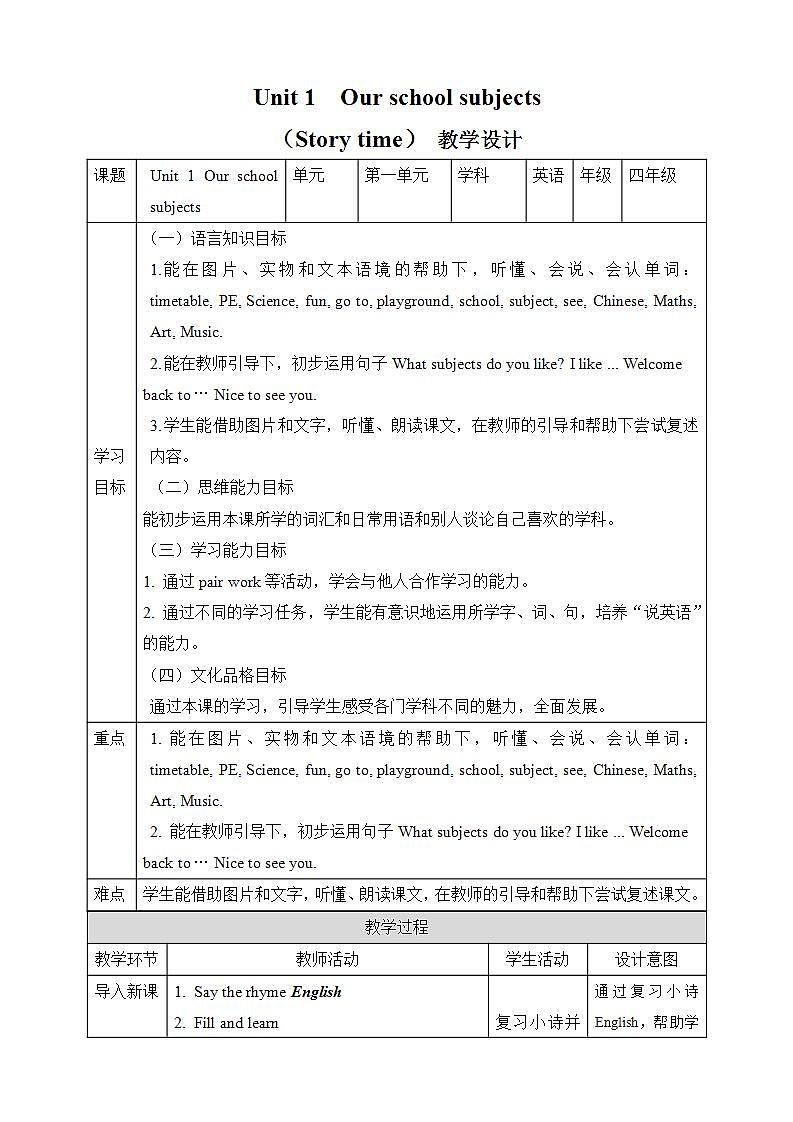 【趣味课堂】牛津译林版英语四下 Unit 1 《Our school subjects Story time》 课件+教案+练习+素材01