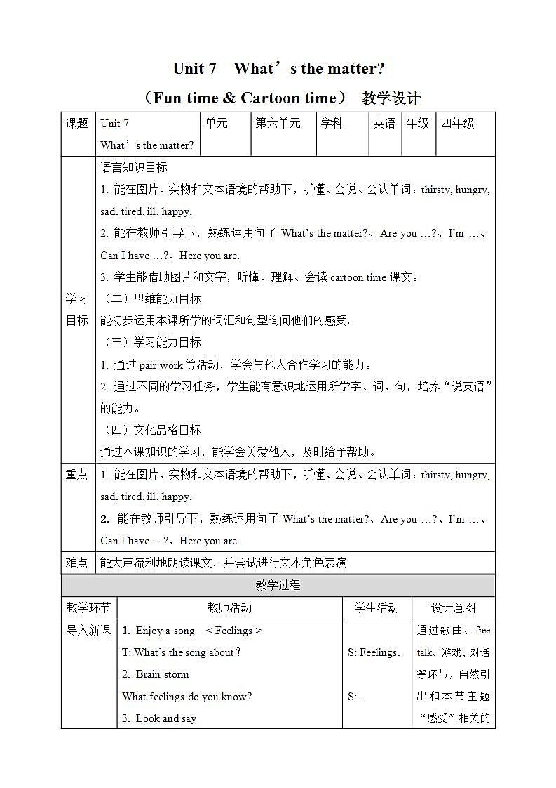 【趣味课堂】牛津译林版英语四下 Unit 7 《What's the matter_ Fun time & Cartoon time》 课件+教案+练习+素材01