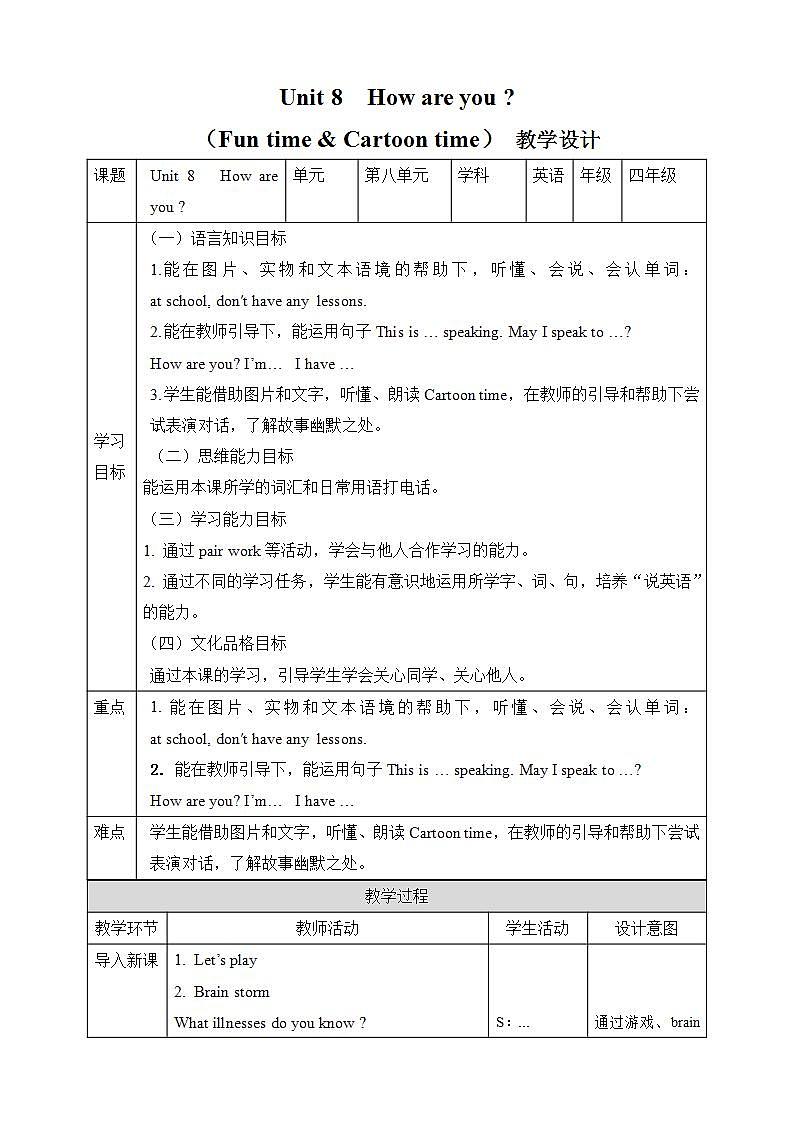 【趣味课堂】牛津译林版英语四下 Unit 8 《How are you_ Fun time & Cartoon time 》课件+教案+练习+素材01