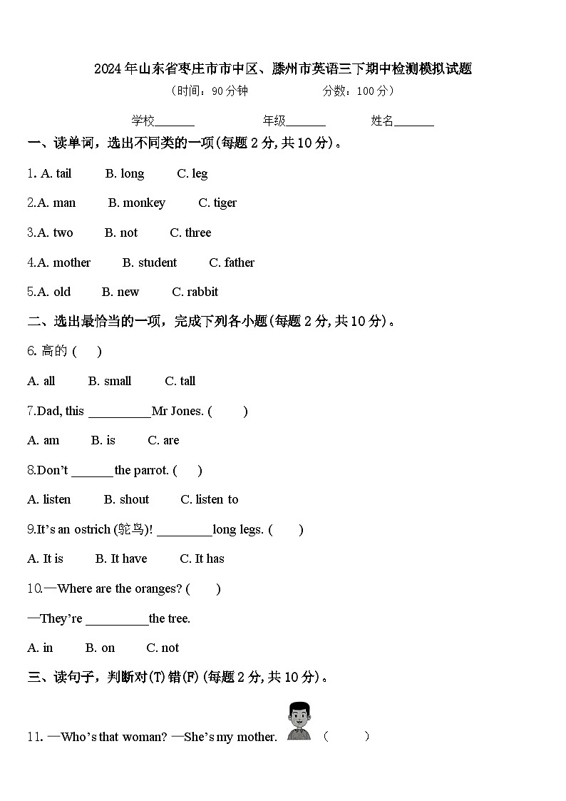 2024年山东省枣庄市市中区、滕州市英语三下期中检测模拟试题含答案第1页