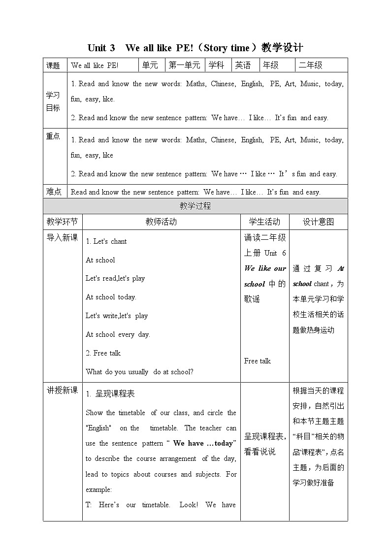 Unit 3 We all like PE Story time教案01