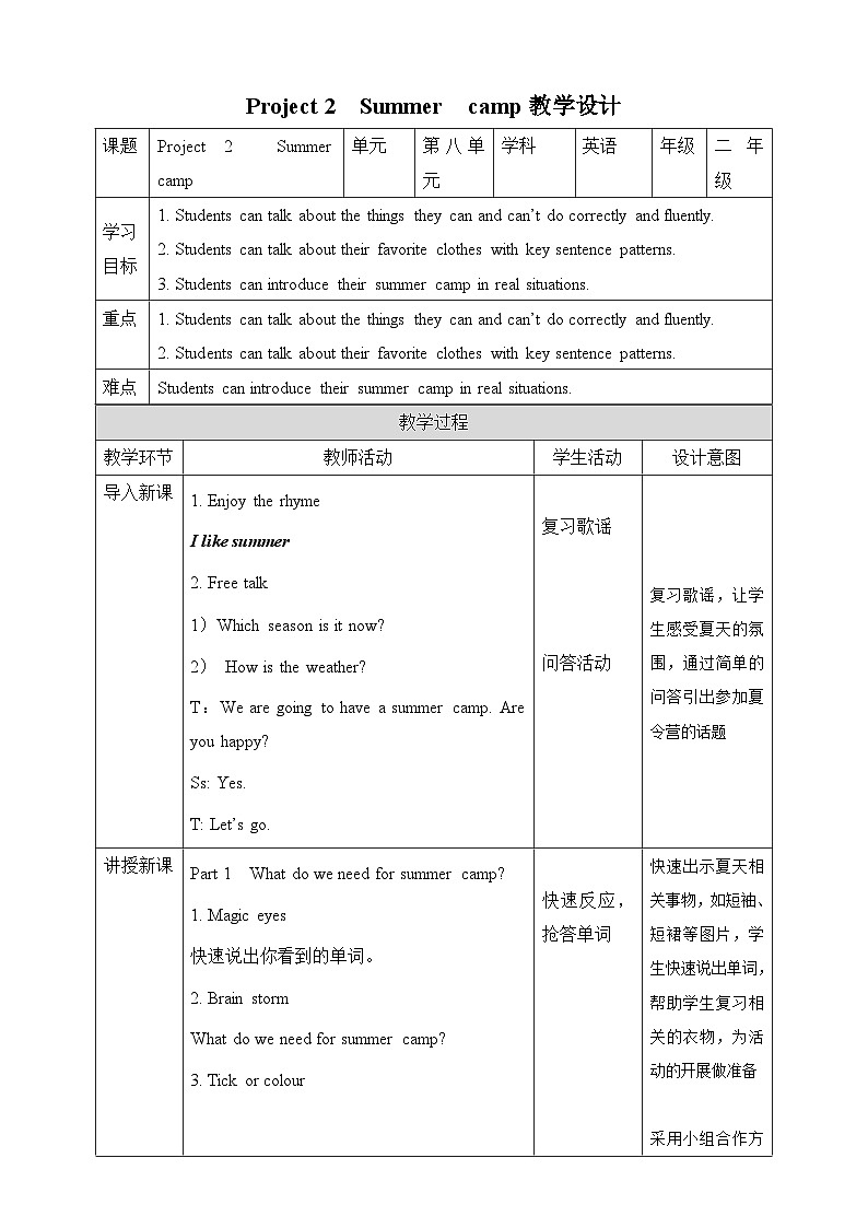 Project 2  Summer camp教案01