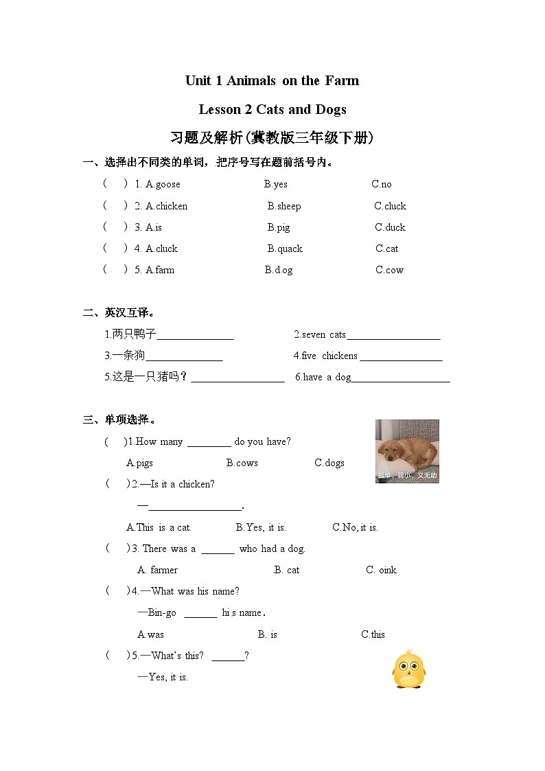 冀教版 三年级下册英语-Unit 1 Lesson 2 Cats and Dogs 同步练习01
