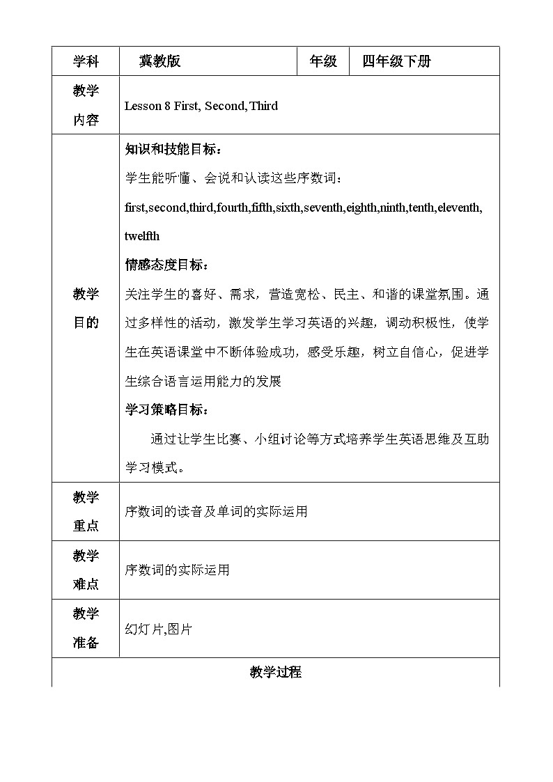 Unit 2 Lesson 8 First, Second, Third 教案01