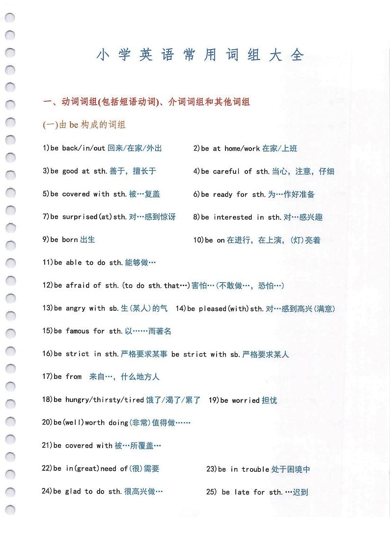 小学1-6年级 英语常用知识点 必考词组大全01