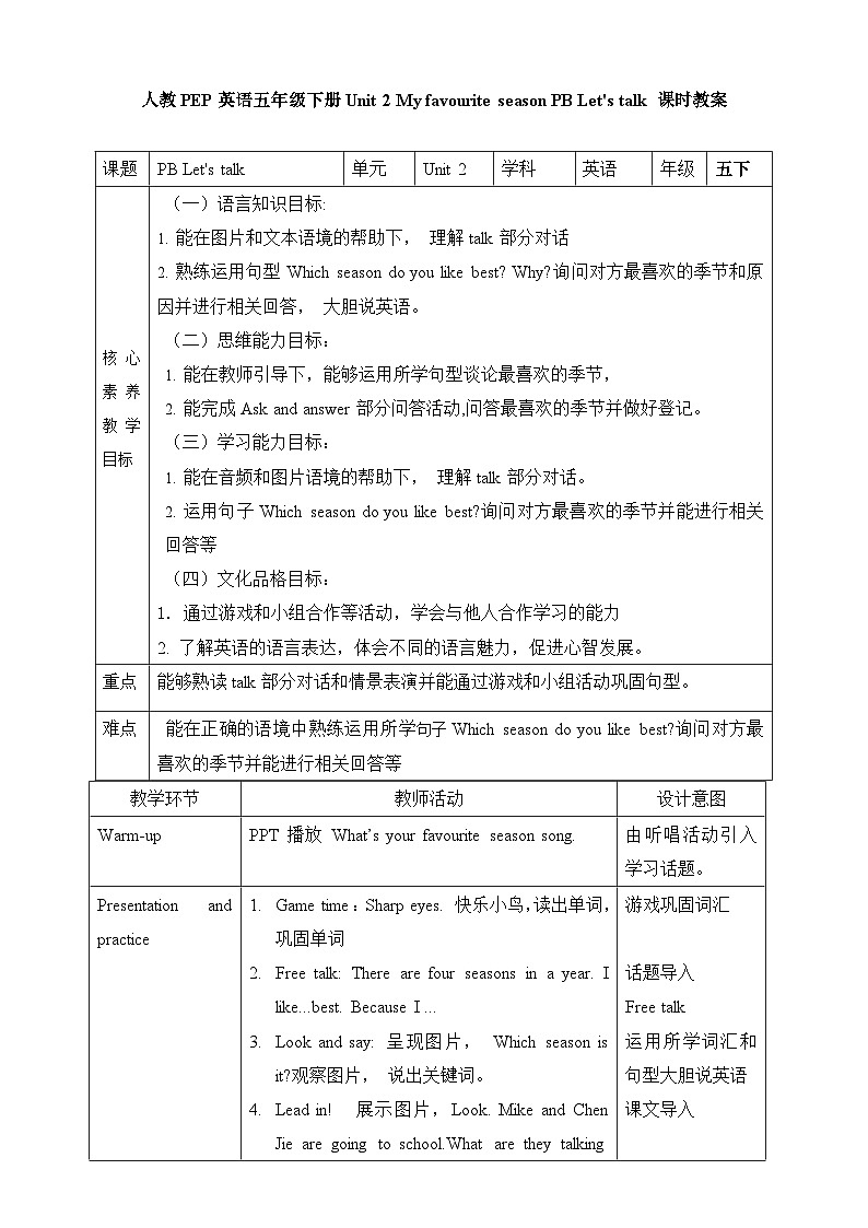 Unit 2 My favourite season PB Let's talk 课件01