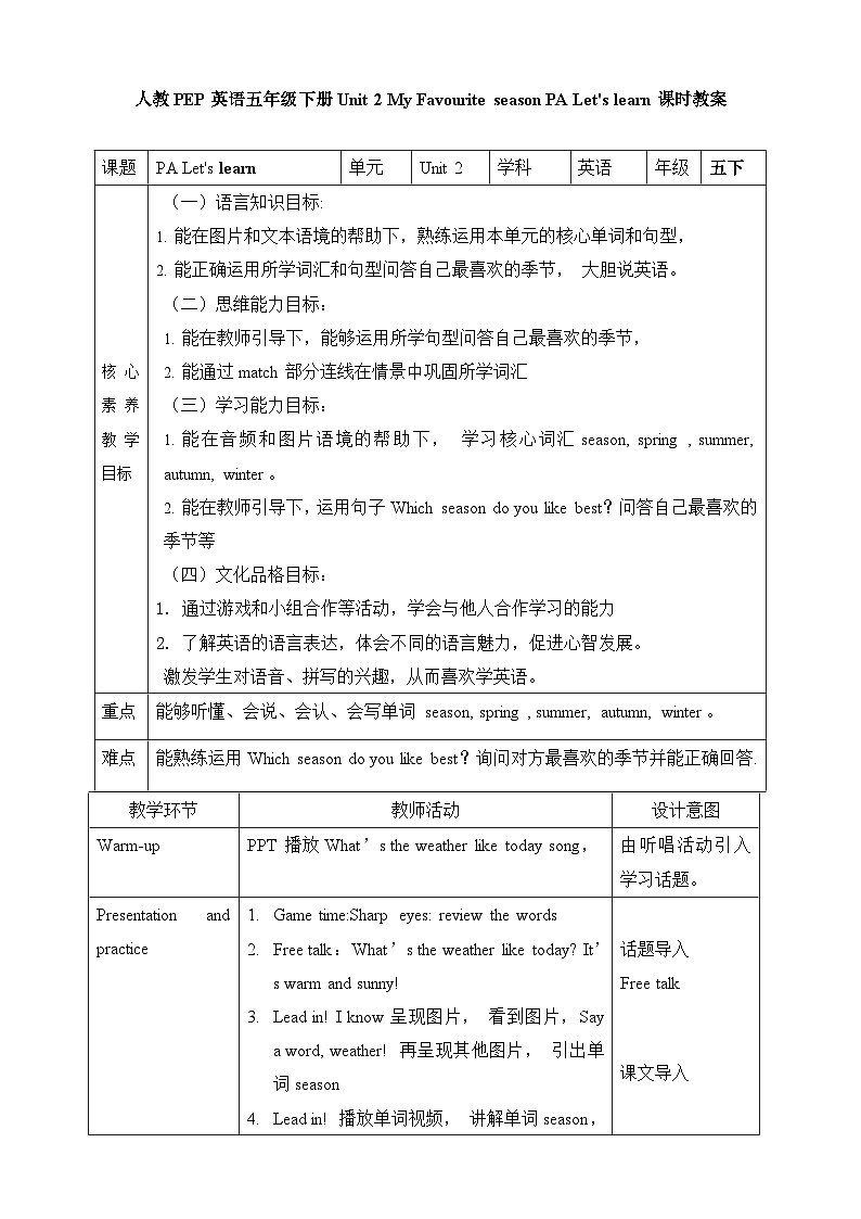 Unit 2 My favourite season PA Let's learn课件+教案01