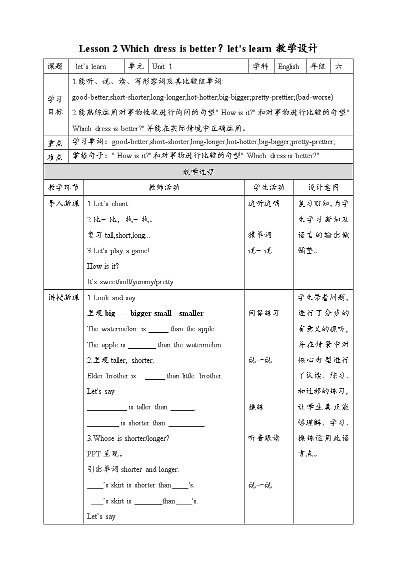 Unit 1 Lesson 2 Which dress is better  Let's learn 教案第1页