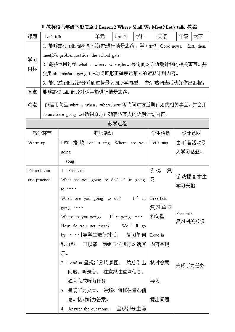Unit 2 Lesson 2 Where Shall We Meet Let's talk教案第1页