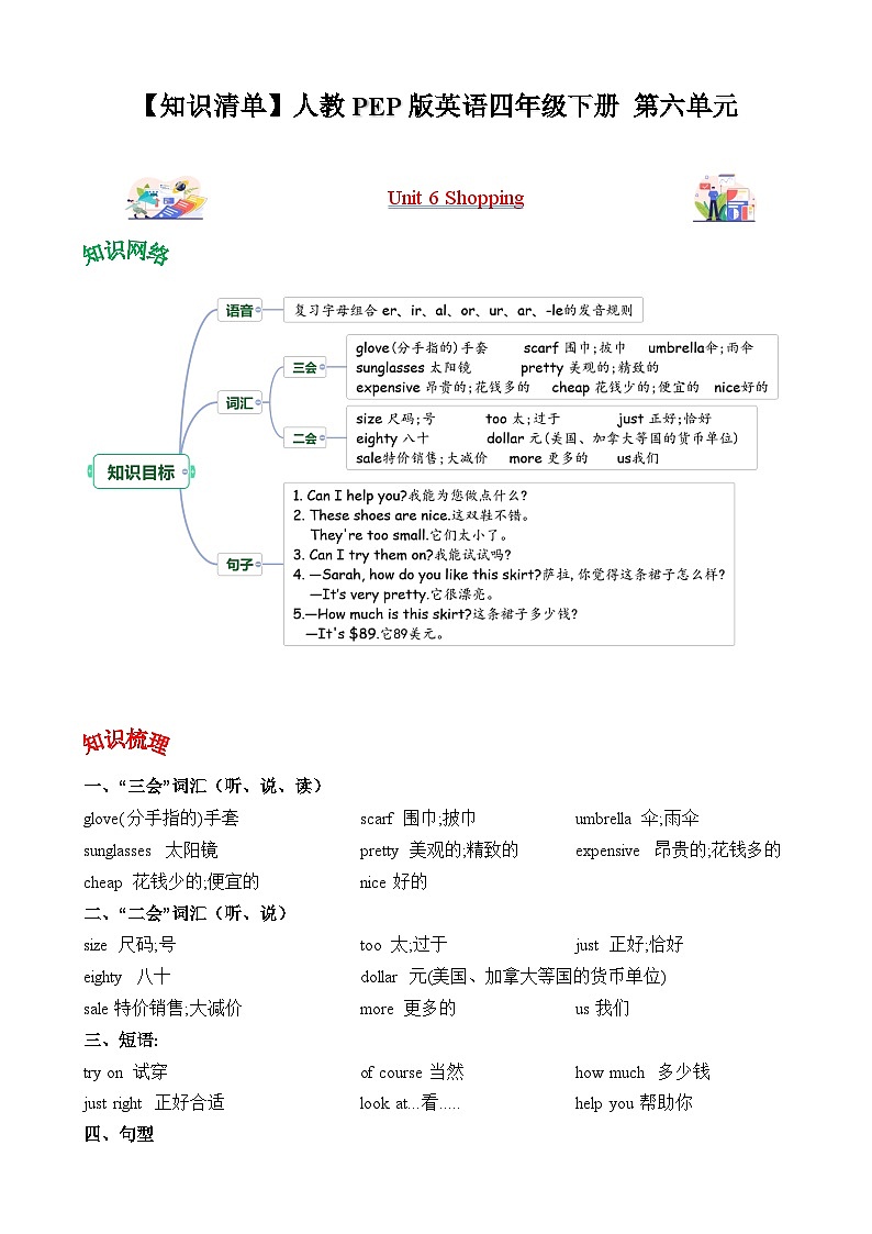 四年级英语下册（人教PEP版）Unit 6 Shopping (知识清单)01