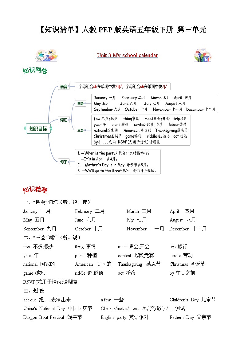 五年级英语下册（人教PEP版）Unit 3 My school calendar  (知识清单)01