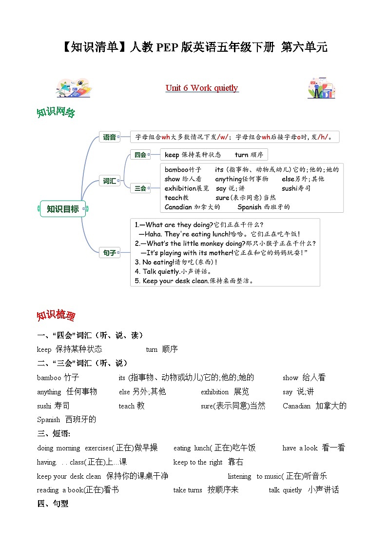 五年级英语下册（人教PEP版）Unit 6 Work quietly (知识清单)01