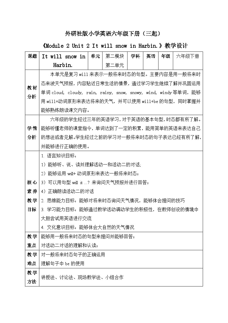 【核心素养目标】外研版小学英语（三起）六下Module2-Unit2 It will snow in Harbin. 课件+教案+同步分层练习（含教学反思和答案）01