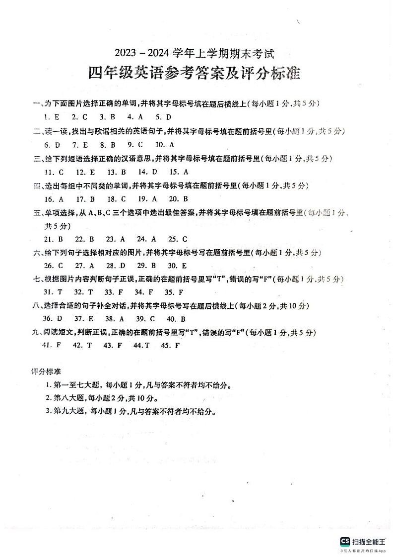 河南省漯河市舞阳县2023-2024学年四年级上学期期末考试英语试题第1页