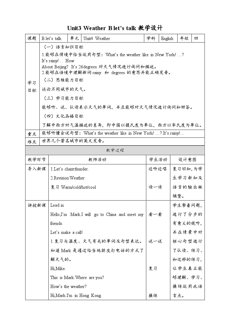 【新课标核心素养】人教版英语四下 Unit 3 Weather B Let's talk 课件+教案+素材01