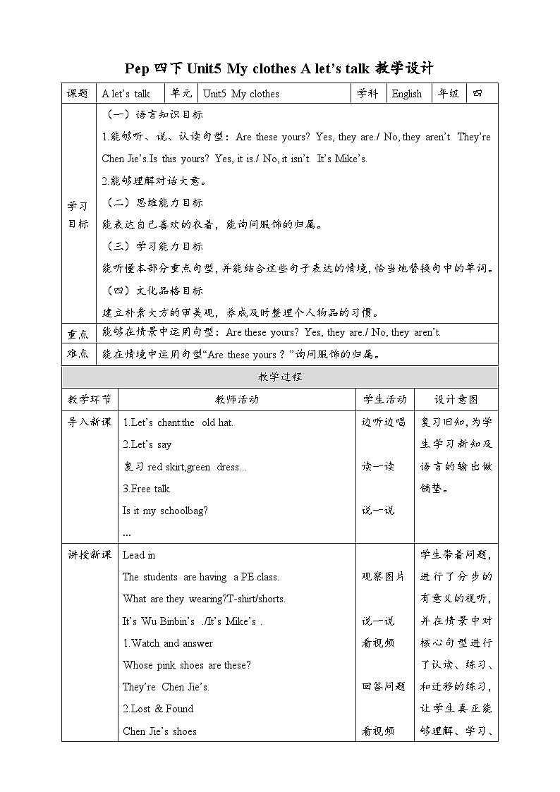 【新课标核心素养】人教版英语四下 Unit 5 My clothes A Let's talk 课件+教案+素材01