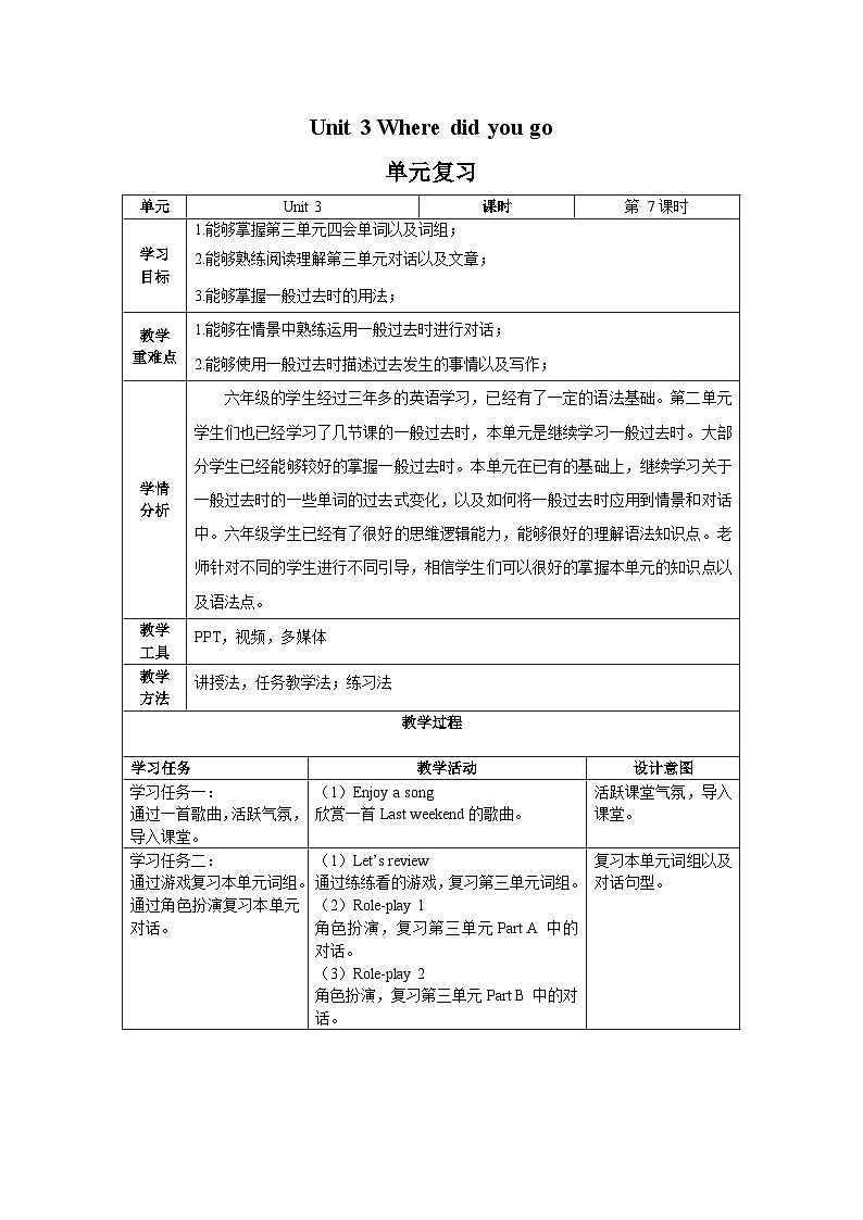 Unit 3 Where did you go第7课时（教学设计）单元复习-六年级英语下册同步精品系列(人教PEP版)01