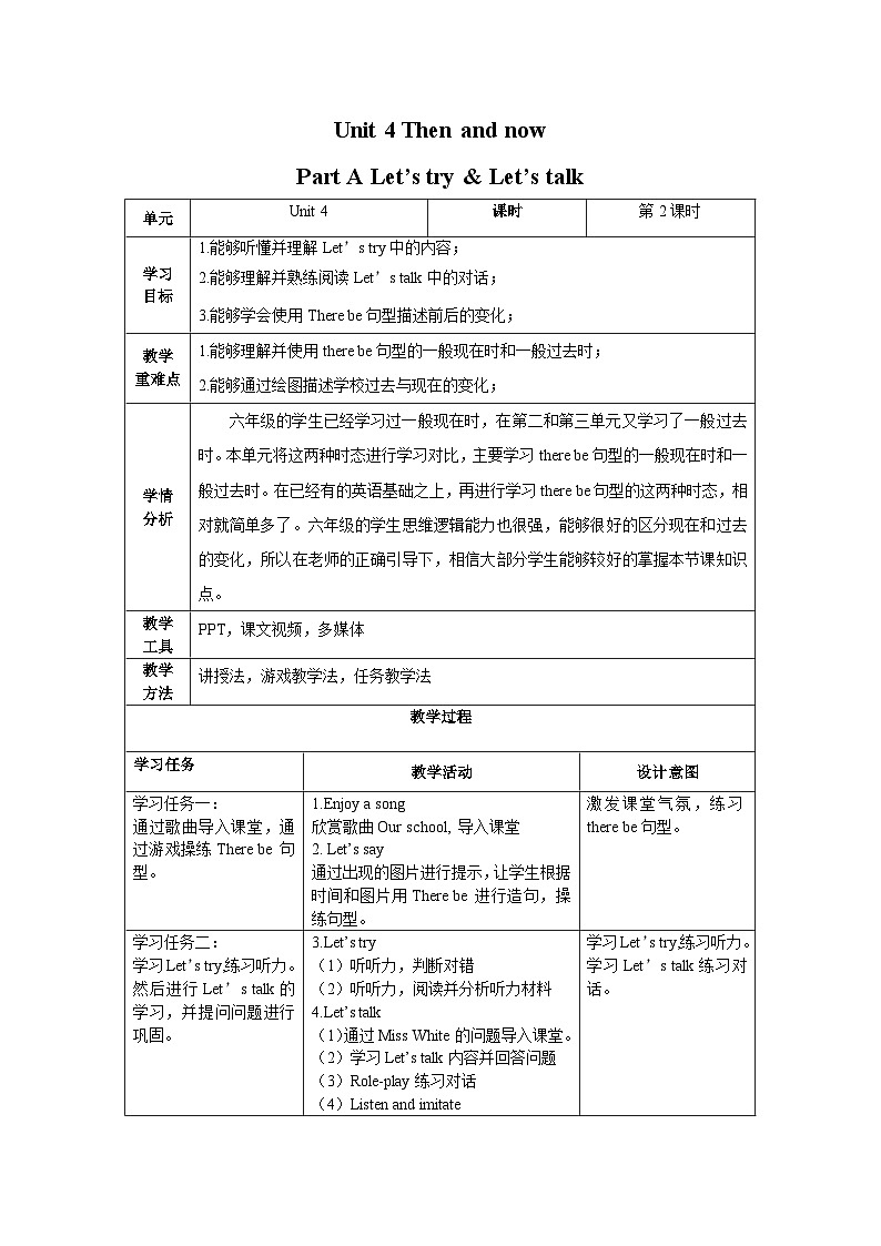 Unit 4 Then and now第2课时（教学设计）Part A Let's try&Let's talk-六年级英语六年级下册同步精品系列(人教PEP版)01