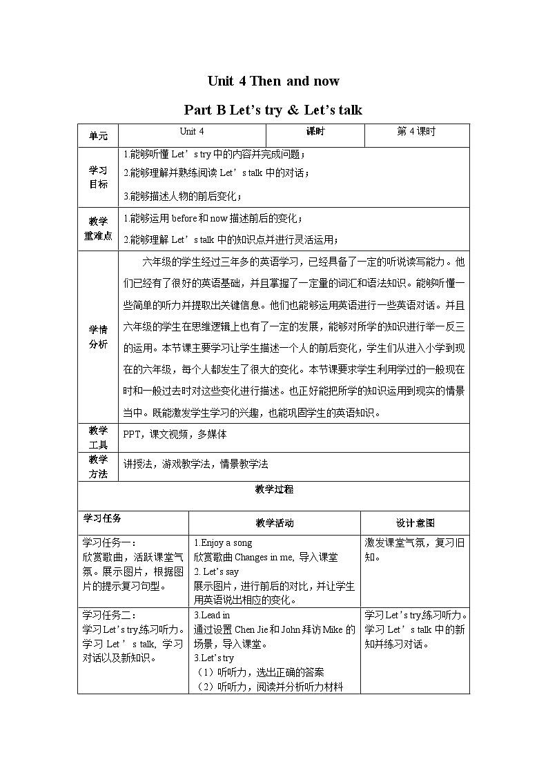 Unit 4 Then and now第4课时（教学设计）Part B Let's try&Let's talk-六年级英语六年级下册同步精品系列(人教PEP版)第1页
