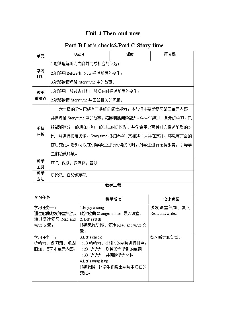 Unit 4 Then and now第6课时（教学设计) Part B Let’s check&Part C Story time-六年级英语六年级下册同步精品系列(人教PEP版)第1页