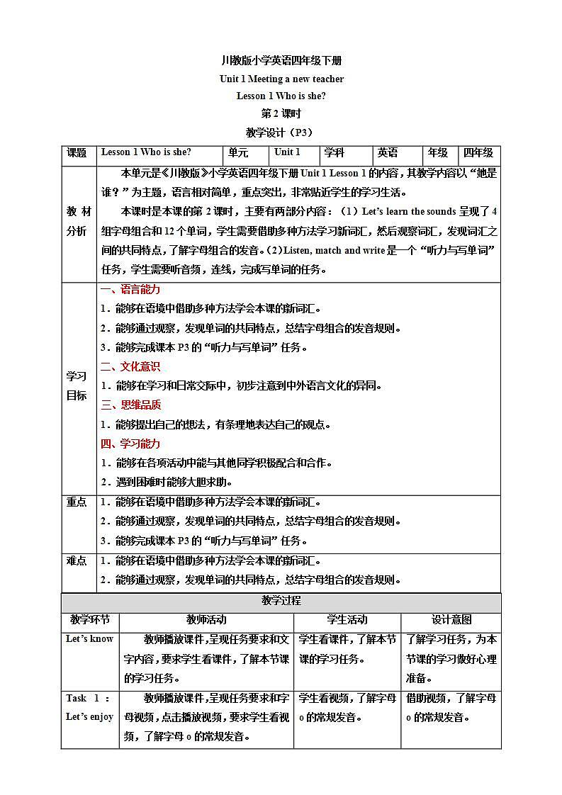 【核心素养目标】Lesson 1 Who is she 第2课时 教案第1页