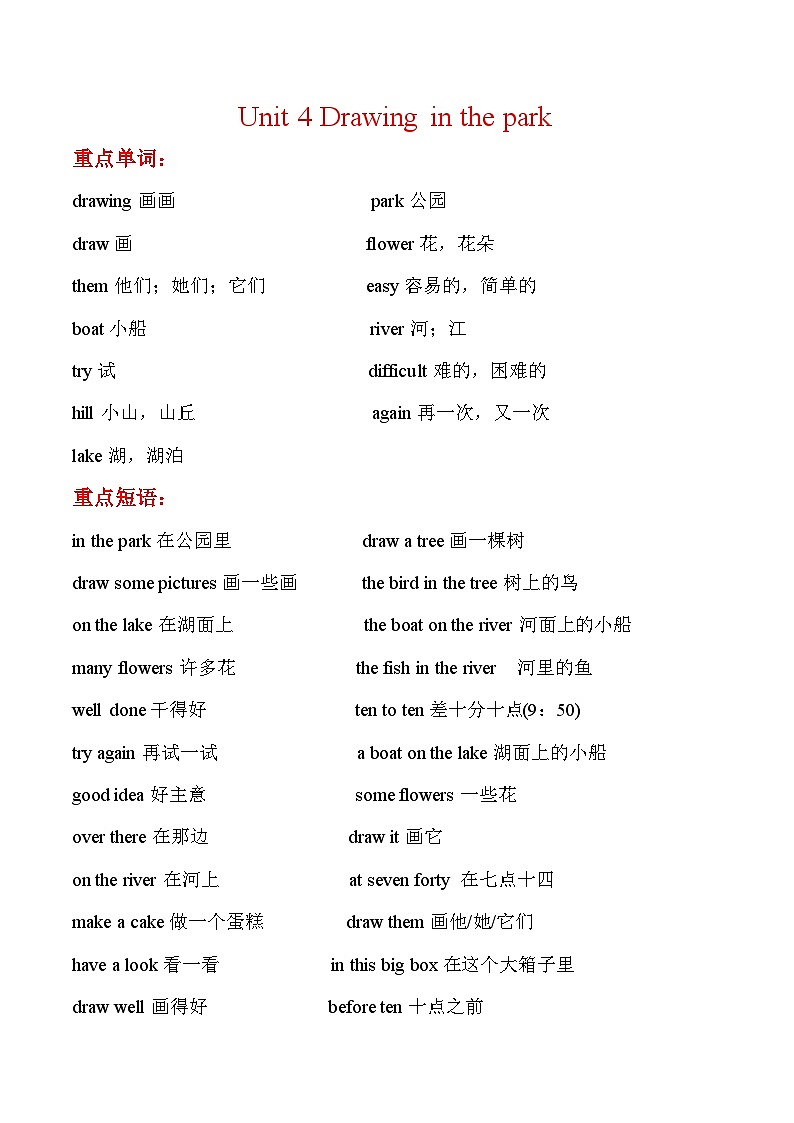 寒假预习：单元知识梳理+巩固练习+Unit+4+四年级英语下册+译林版（三起）含答案01