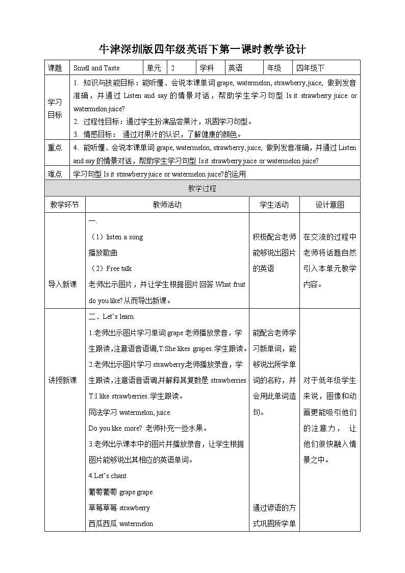 牛津深圳版四年级英语下Unit 2(1)教案第1页