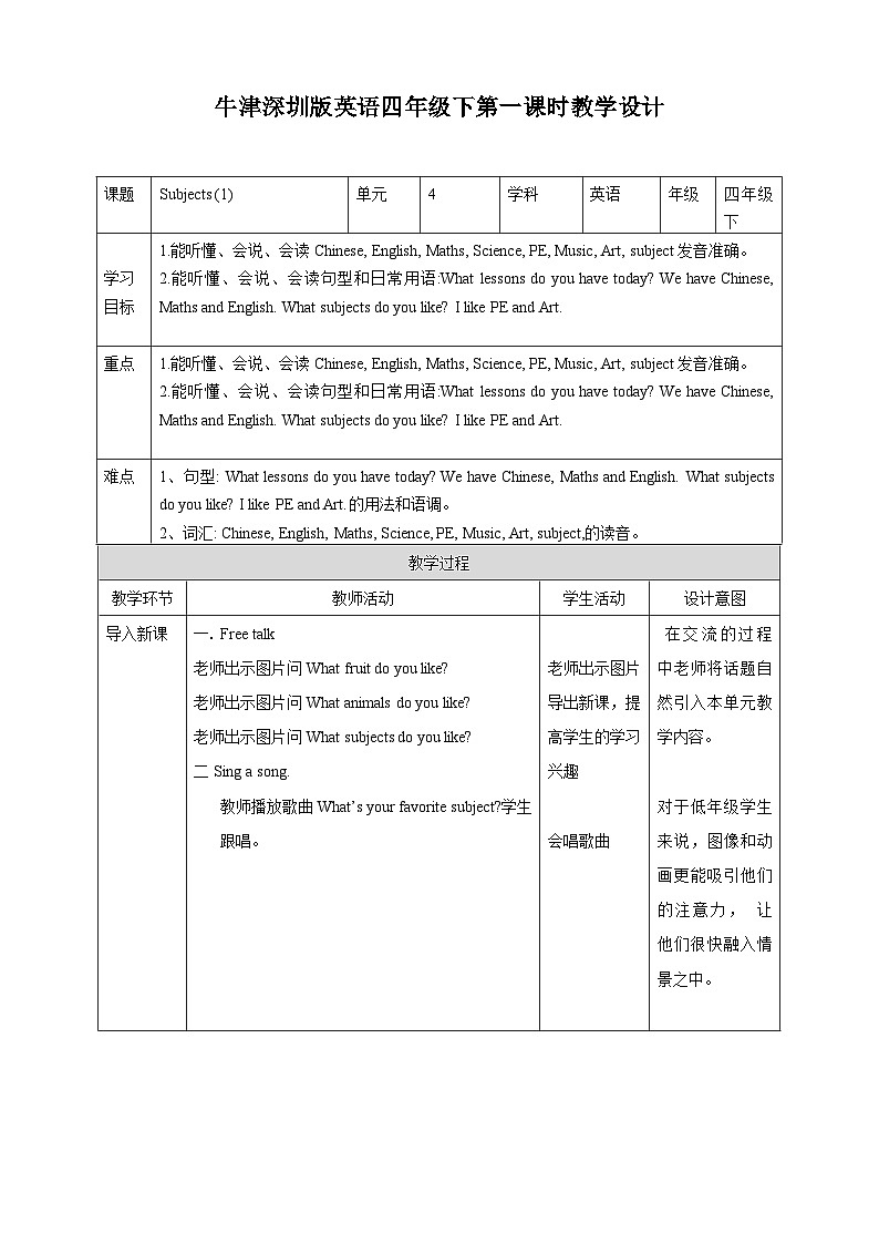 牛津深圳版四年级英语下Unit 4(1) 教案第1页