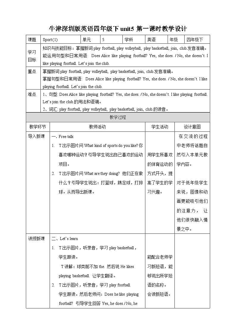 牛津深圳版四年级英语下Unit 5(1) 教案第1页