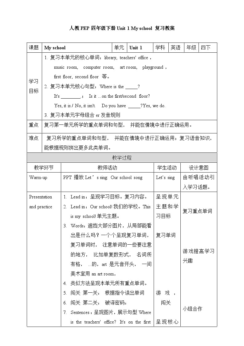 人教四年级英语下册Unit 1 My school 复习教案01