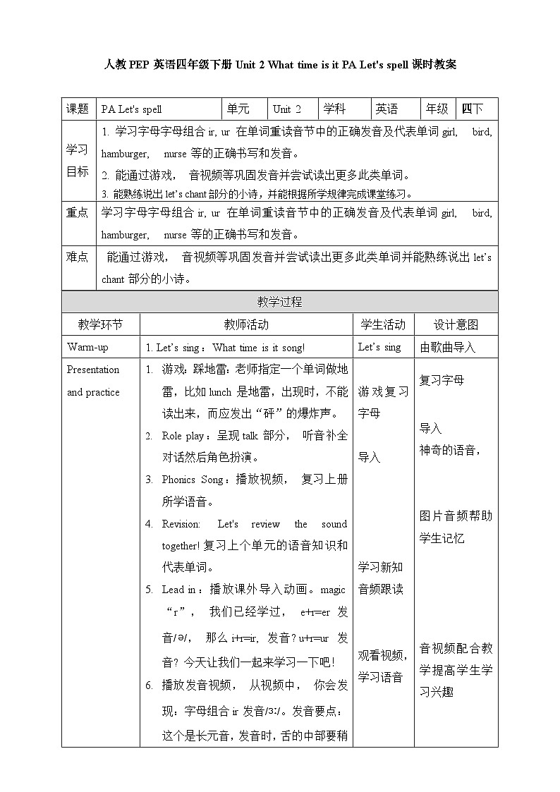 人教四年级英语下册Unit 2 What time is it PA Let's spell 教案01