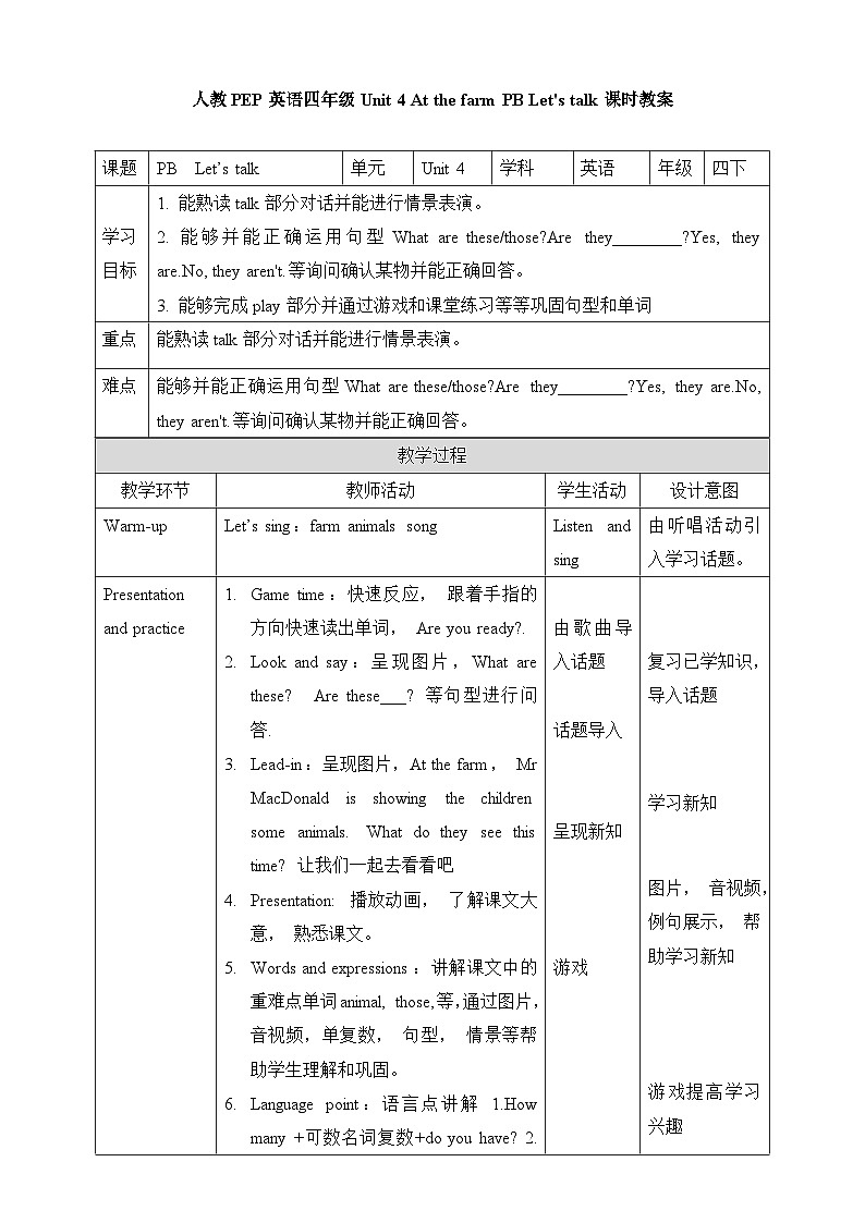 人教四年级英语下册Unit 4 At the farm PB Let's talk 教案第1页