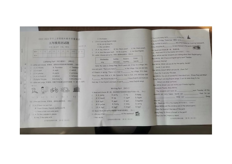 山东省临沂市临沭县2023-2024学年五年级上学期1月期末英语试题01