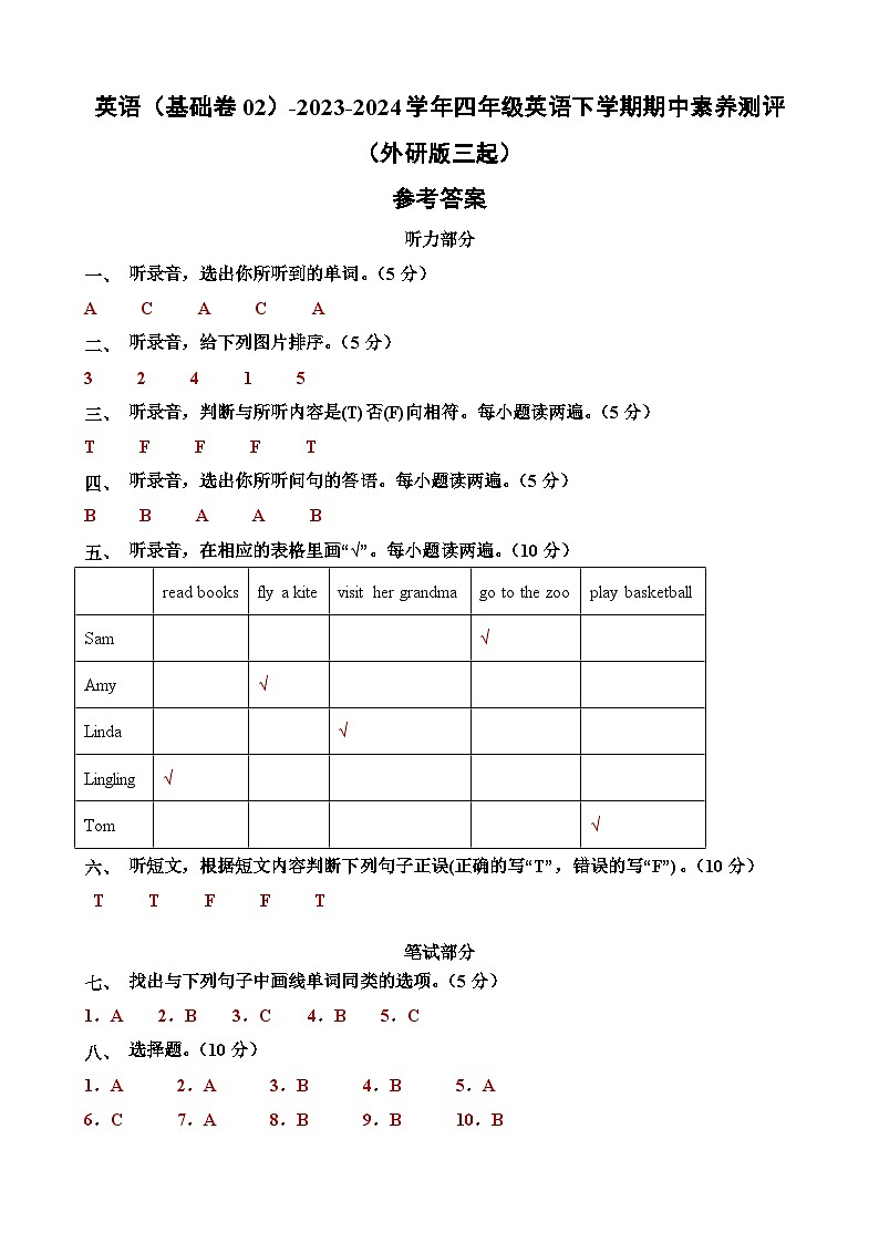 2023-2024学年（外研版三起）四年级英语下册期中测试卷（基础卷02）01