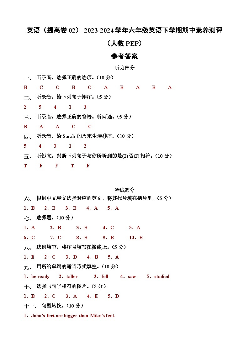 2023-2024学年人教版pep小学英语六年级下册期中测试卷（提高卷02）.zip01