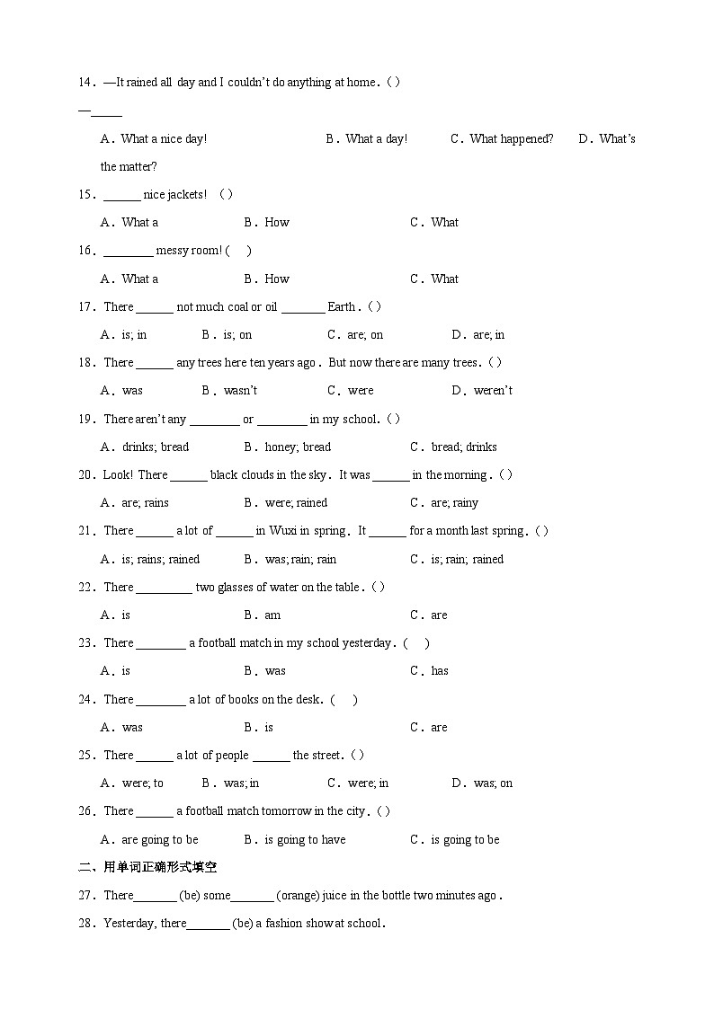 专题10 感叹句与There be句型-2023-2024学年译林版六年级上册英语期末复习常考易错题型分类汇编02