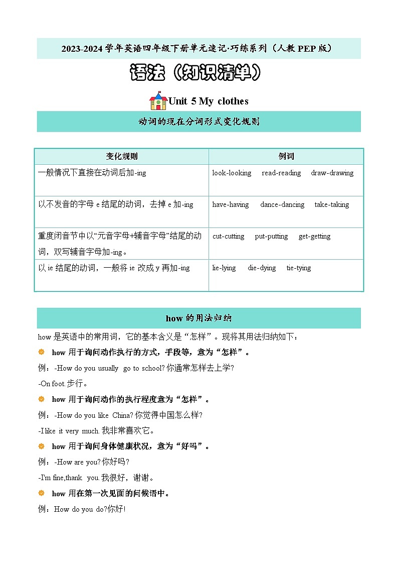 Unit5语法（知识清单）-英语四年级下册单元速记·巧练系列（人教PEP）01