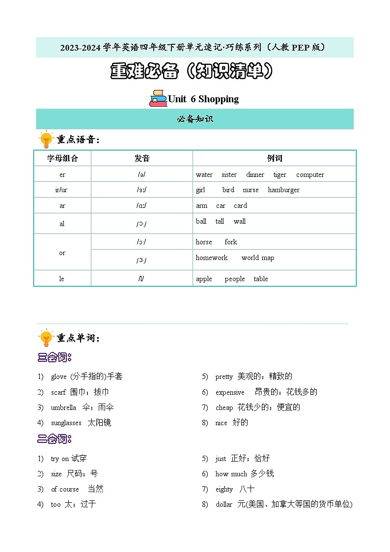 Unit6重难必备（知识清单）-英语四年级下册单元速记·巧练系列（人教PEP）第1页