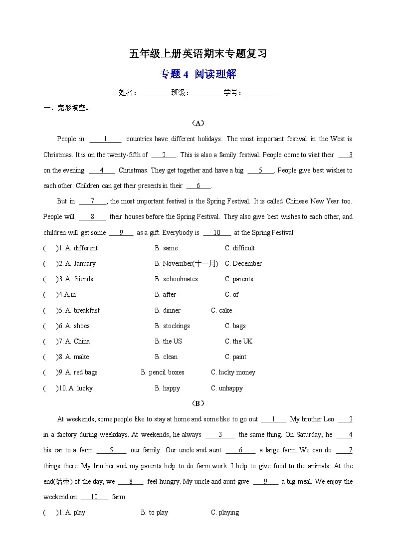 专题4 阅读理解-2023-2024学年译林版五年级上册英语期末专题复习01