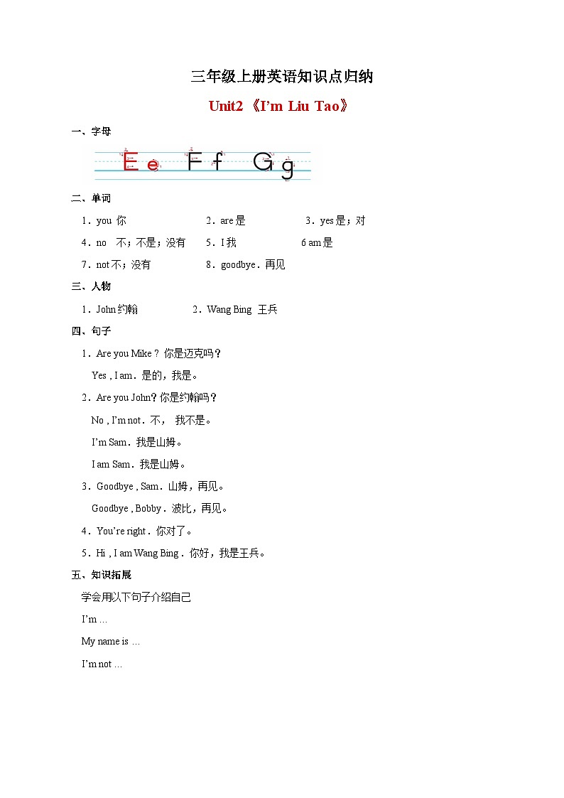 译林版三年级上册英语Unit2《I’m Liu Tao》知识点归纳01